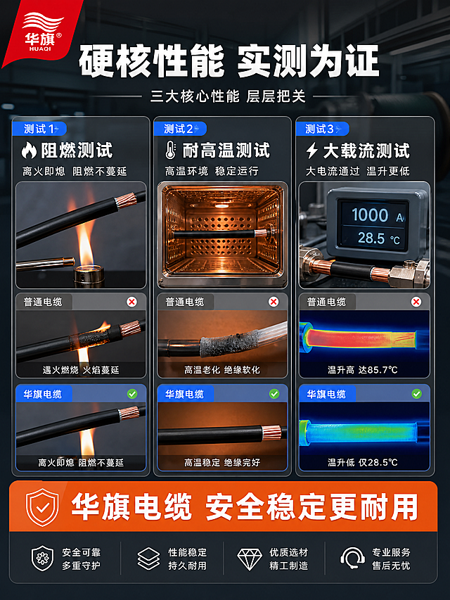 [第5张] 详情页性能测试-重庆华旗储能电缆三大性能可视化测试。本张使用储能电缆作为测试主体。
[氛围/风格] 简约工业科技风 实验感 专业可信 对比强烈 商业摄影质感
[元素布局] 画面顶部标题区 中部为三个性能测试模块横向排列 每个模块展示一项测试 测试1 阻燃测试 电缆靠近火焰不燃烧 测试2 耐高温测试 电缆置于高温环境仍正常工作 测试3 大载流测试 电缆通过大电流温升低 每个模块有普通电缆vs华旗电缆对比示意 背景为深灰色 左上角红色旗帜华旗Logo 整体满版 信息密度高
[光影质感] 顶部柔光均匀照亮 测试场景有真实光影 火焰有暖光效果 整体对比强烈 暗部有层次
[配色色系] 全局底色 #26292E 深灰 主色科技蓝 #1E6FFF 通过标识 强调色橙色 #FF6B1A 警示和对比 绿色通过标识
[视角构图] 正面平视 三列横向布局 阅读动线顶部标题 → 三列测试对比 → 底部结论
[文字版式] 顶部主标题「硬核性能 实测为证」白色粗体大号 副标题「三大核心性能 层层把关」浅灰色中号 三个测试模块分别标注 阻燃测试 耐高温测试 大载流测试 白色标题 每个模块下方有对比说明 普通款 vs 华旗款 绿色对勾和红色叉号对比 底部橙色结论条「华旗电缆 安全稳定更耐用」
[比例分辨率] 3:4 竖版比例 4K分辨率 文字清晰可辨 高清画质
[负向提示词] 变形 水印 文字错乱 文字过小 产品图模糊 背景杂乱 电商平台Logo 多余手指 手部扭曲