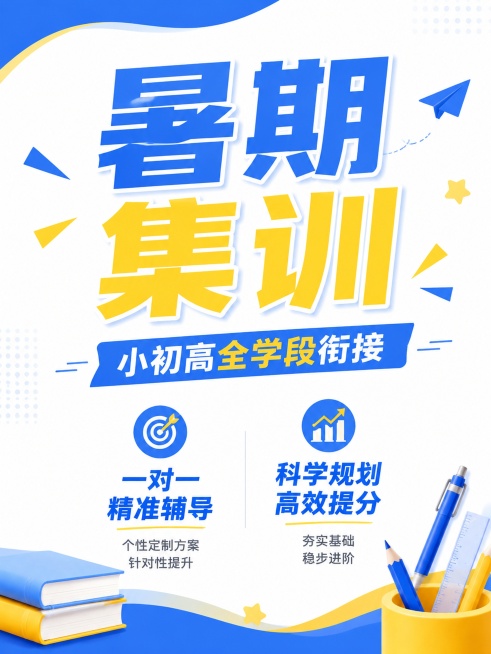 参考提供图片的蓝黄配色和简约清新教育风格，升学辅导海报，主标题"暑期集训"，副标题"小初高全学段衔接"，卖点：一对一精准辅导，顶部主标题，底部卖点分两栏排布，充足留白，文案不密集，蓝撞黄简约背景，3:预览效果