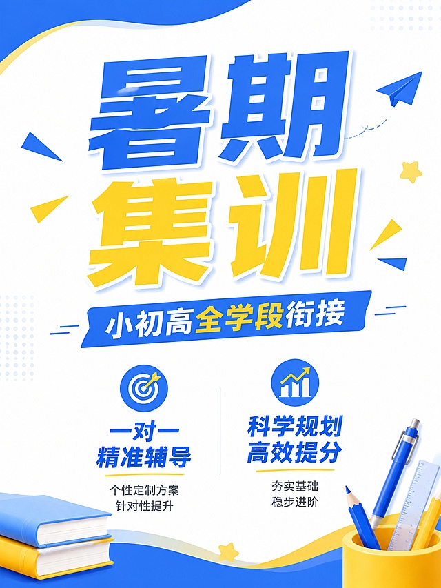 参考提供图片的蓝黄配色和简约清新教育风格，升学辅导海报，主标题"暑期集训"，副标题"小初高全学段衔接"，卖点：一对一精准辅导，顶部主标题，底部卖点分两栏排布，充足留白，文案不密集，蓝撞黄简约背景，3:4比例，文字突出清晰，画面清晰，版式精美