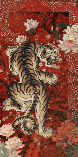 提取手机壳上的老虎花卉图案，去掉相机开孔和磁吸环，制作成1600*3200尺寸的手机壁纸，保留红底老虎荷花的国画风预览效果