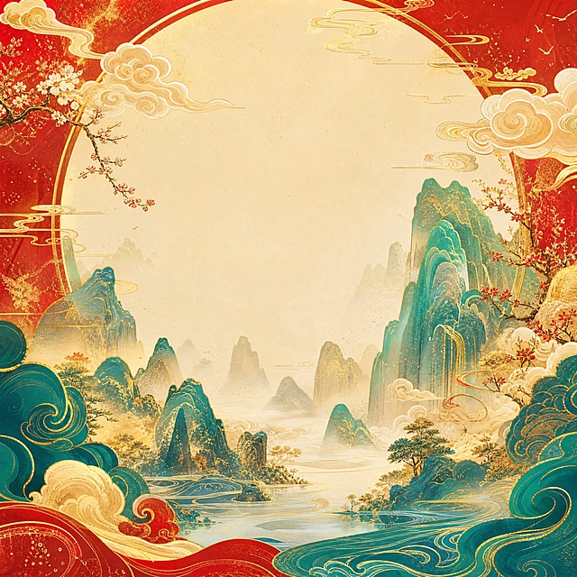 中国风护肤水产品海报背景，画面包含飘逸的祥云图案、层峦叠嶂的山水意境，采用鲜艳明亮的色彩搭配，以朱红、青碧、鎏金为主色调，线条流畅优雅，具有东方古典美学韵味，画面中间预留产品展示区域，整体风格华丽大气、精致典雅，适合作为高端护肤水的新媒体营销海报背景，2K高清画质