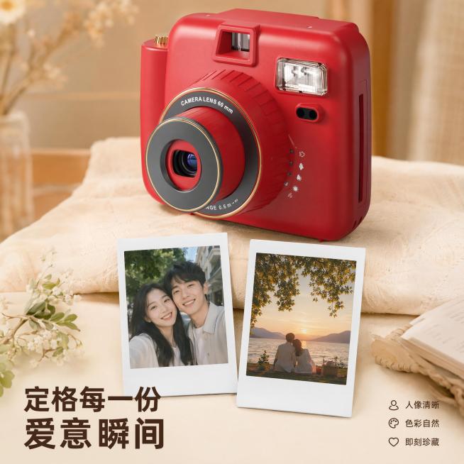 [主图-4] 一次成像拍立得相机拍摄效果场景展示页
[氛围风格]温馨浪漫生活氛围感，真实自然
[画质]高清商业拼贴摄影，画面清晰通透，真实感强
[元素]整体采用上1下2的卡片式拼贴布局：顶部放置完整红预览效果