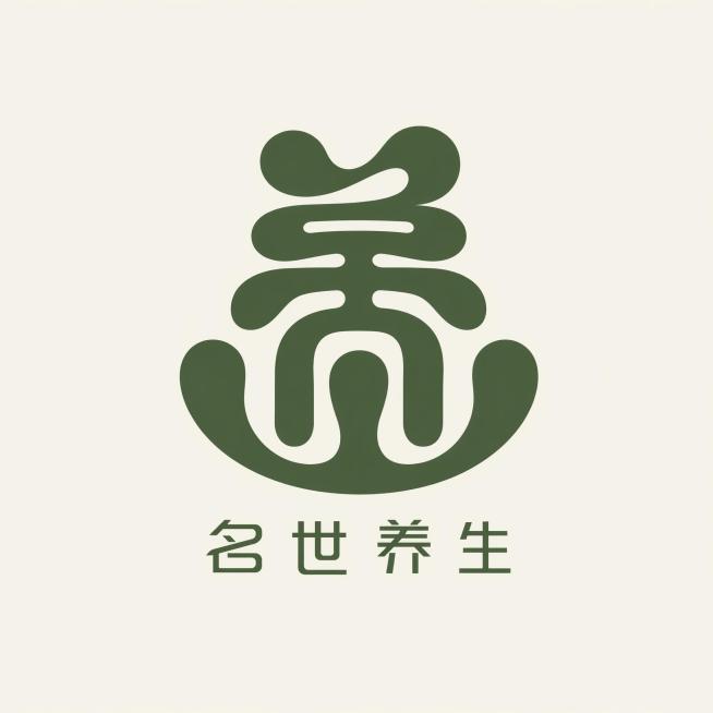 参考图2的大字设计风格，将“养”字设计成圆润流畅的篆体艺术字，使用连续曲线和饱满块面感，风格简约禅意，颜色为深绿色。然后“名世养生”四个字横排放在这个大字的下方，保持原字体风格和深绿色，整体排版参考图预览效果