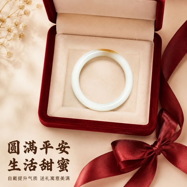 [主图-5]礼赠寓意展示，突出一口糖手镯送礼价值。氛围风格：雅致仪式感，国风礼赠氛围。画质：商业珠宝摄影质感、光线柔和通透、画面干净高级。元素：保持一口糖手镯外观、颜色、材质与输入产品图绝对一致，杜绝预览效果