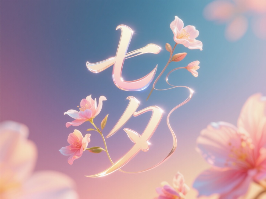 竖排文字"七夕"，线条流畅，手写艺术字。点缀花朵元素。渐变背景，浪漫七夕氛围。预览效果