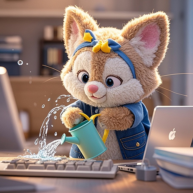 可爱卡通拟人3D角色，小狐狸手持水壶浇灌键盘，趣味盎然。