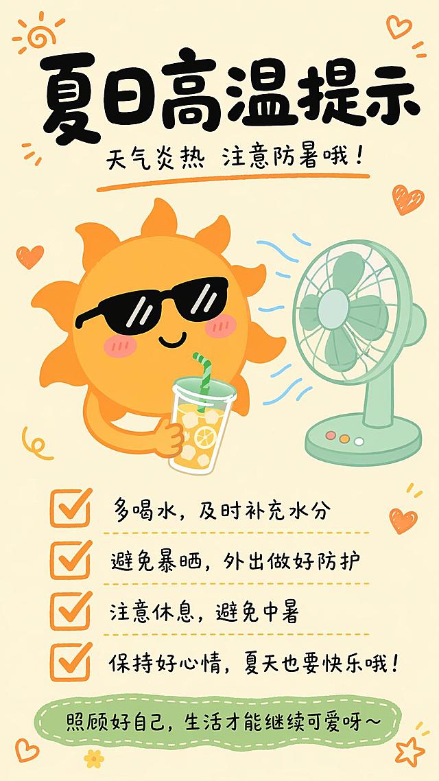 9:16竖版夏日防暑科普海报，软萌扁平简笔手绘涂鸦风格，底色选用柔和低饱和浅米黄色；画面顶部放置粗黑圆润手写大字标题「夏日高温提示」，下方搭配小字副标题 “天气炎热 注意防暑哦！”，副标题底部增加橘色手绘笔触下划线；画面中心绘制戴黑色墨镜、面带微笑带腮红的橙色卡通太阳，太阳单手握着插吸管的夏日冷饮，太阳右侧摆放薄荷绿色台式电风扇，浅蓝色短线表现风扇吹出的凉风；画面靠下位置竖向排布 4 组橙色方框勾选标记，搭配防暑文字：多喝水，及时补充水分、避免暴晒，外出做好防护、注意休息，避免中暑、保持好心情，夏天也要快乐哦！；画面最底端设置草绿色笔触底色文本框，填入寄语 “照顾好自己，生活才能继续可爱呀～”；画面边角点缀橘色爱心、简易装饰纹样，全程平涂上色不增加厚重写实阴影，整体氛围亲切温馨，画面杜绝水印、多余杂物