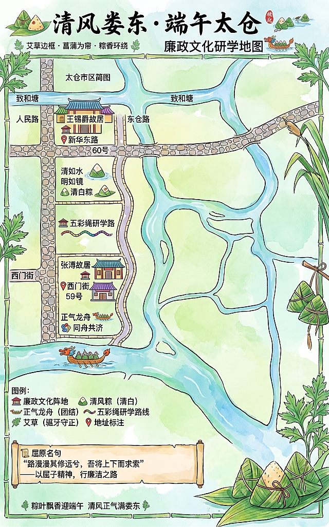 将这张线稿廉政文化研学地图转换为清晰的彩色手绘风格地图，保留所有文字内容、标注和路线，风格清新自然，适合端午主题，色彩明亮