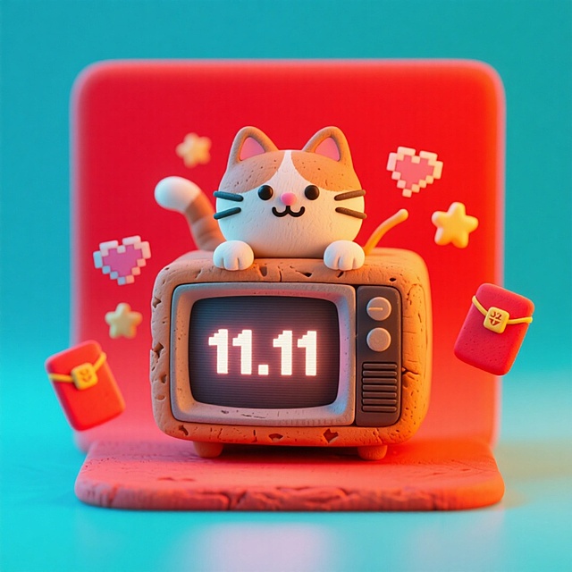 主体是一个带有猫咪图案的类似复古电视机造型的卡通形象，周围环绕着红包、像素爱心、星星等元素，电视机屏幕显示着“11.11”整体色彩鲜艳明快，风格可爱俏皮，营造出一种轻松有趣、富有创意的氛围，可能与创意设计、数字创作等相关场景有关，红色背景。