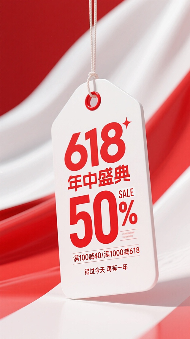 一个巨大的白色吊牌样式。中间文案（主标题红色粗体“618年中盛典 SALE 50%”，副标题“满100减40/满1000减618”。下方文案“错过今天再等一年”）。背景红白色系对比
