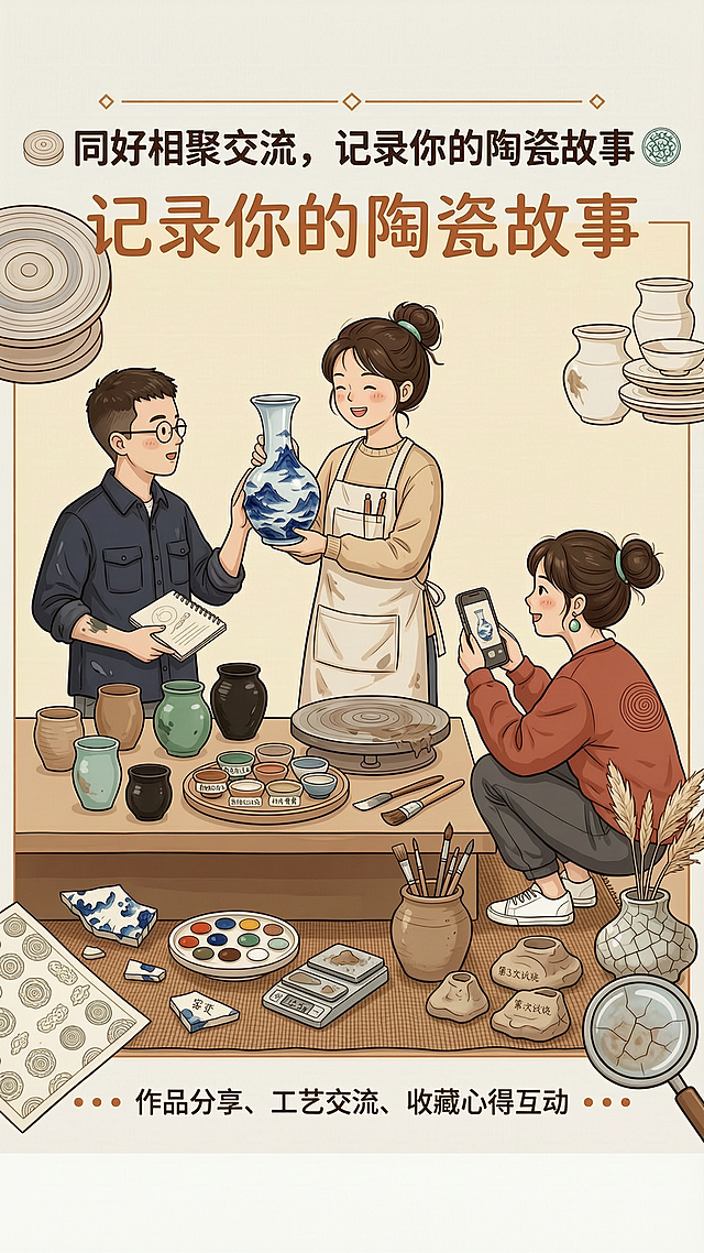 交流社区场景插画，画面展示用户分享陶瓷作品的场景，传递互动感。画面配文主标题“同好相聚交流，记录你的陶瓷故事”，下方小字“作品分享、工艺交流、收藏心得互动”，删除底部分页指示器（去掉底部五个点）