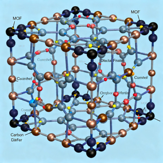 碳掺杂二茂铁基铜金属有机框架(MOF)的三维晶体结构示意图，展示出框架孔隙结构，二茂铁基团掺杂在骨架中，铜金属节点清晰可见，碳掺杂位点标注清楚，风格为学术材料科学示意图，浅蓝色背景，结构清晰，色彩区分预览效果