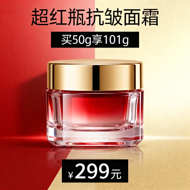 超红瓶抗皱面霜电商主图，产品居中立体展示，瓶身通透有光泽，瓶盖金色质感，背景渐变红金/香槟色，突出高端奢华感。顶部“超红瓶抗皱面霜”主标题，中部“买50g享101g”促销信息，底部“299元”价格标签预览效果