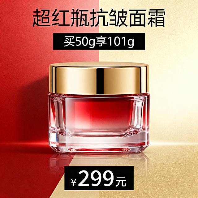 双色渐变背景搭配玻璃质感瓶身，鎏金盖与红金光影交织，重拟物设计凸显奢华，促销信息醒目，节日氛围浓厚。