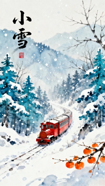 中国传统水墨风格冬季海报，以"小雪"为主题，画面整体采用淡雅的蓝白色调，营造出宁静致远的冬日氛围。画面左侧上方有飘逸的"小雪"书法大字，下方点缀红色印章。主体部分展现一辆红色复古小火车行驶在覆盖着皑皑白雪的山林间，两侧是被积雪覆盖的蓝绿色松树和光秃秃的树枝，空中飘着细密的雪花。右下角有一枝挂满橙色果实的树枝，增添冬日生机。整体构图采用纵向延伸的视觉引导线，色彩和谐，光影柔和，笔触细腻，具有浓厚……预览效果