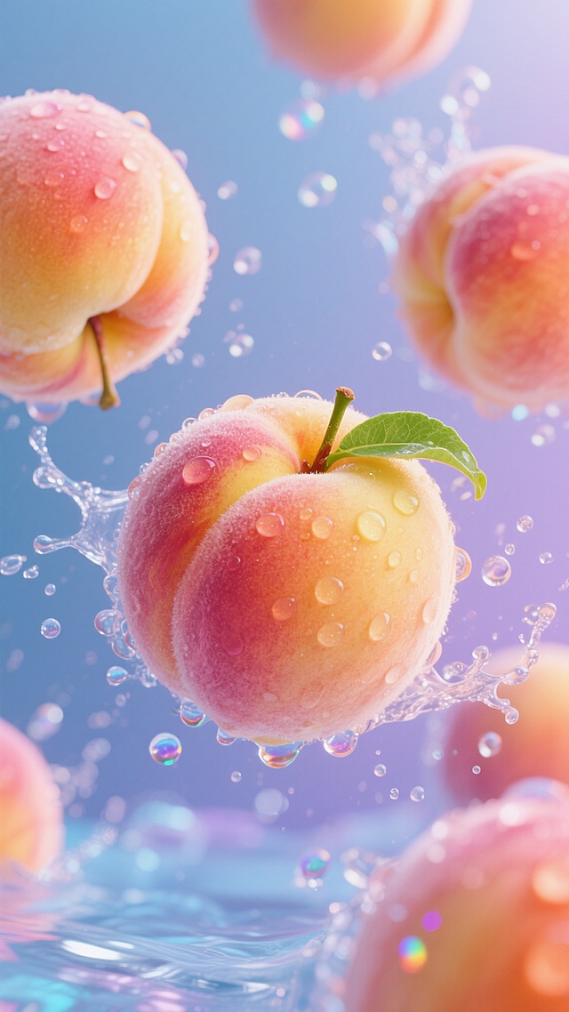 多个新鲜饱满的水蜜桃悬浮在半空中，表皮呈现出鲜艳的橙黄色与亮粉色渐变，带有细腻的绒毛质感，绿色的果柄清晰可见，水蜜桃表面覆盖着晶莹剔透的水珠，水珠在光线照射下闪烁着七彩光芒，周围是飞溅的透明水花和大小不一的气泡，水花呈现出淡蓝色与浅紫色的梦幻色彩，整体画面光影柔和，充满水润光泽和动态美感，营造出清新、活力且略带梦幻的氛围。