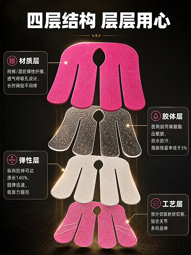 [商品] 使用【图2】U形四爪款玫红色肌贴做剖面爆炸展示；保留产品形状轮廓、玫红色外观、织物纹理；将产品拆解为四层结构分层悬浮展示，每层材质可视化呈现，不改变产品整体外形比例。
[画面] 目标：四层结构解析页，展示材质层/胶体层/弹性层/工艺层的技术优势。构图：中心竖向爆炸剖面，四层结构从上至下分层拉开距离悬浮，左右两侧引线标注各层卖点。景别：中景特写。阅读动线：从中心产品向左右两侧阅读信息。前中后景：前景悬浮分层结构、中景暗金色光效衬托每层边界、后景深色背景带细微网格纹理。
[视觉] 套系策略：风格=高端黑金科技感商业3D渲染，参考图1同款详情页视觉调性；标题字=现代无衬线粗黑体，字重厚重；正文字=简洁无衬线中黑体；主色=深邃炭黑；背景延展=基于炭黑做深浅渐变、暗金色光晕、细腻磨砂金属质感层次；强调色=暗金色+玫红色产品色，仅用于小面积图标、引线、光效点缀和产品本身；标题色=纯白色；正文色=浅银灰色；组件=暗金色细线引线、圆角半透明信息卡、几何分割线；光影=顶部侧逆光勾勒产品轮廓，正面柔光打亮材质纹理，暗部有环境光反射。
[文字] 顶部主标题「四层结构 层层用心」，四层引线标注：①材质层「纯棉/混纺弹性纤维，透气呼吸孔设计，长时间贴不闷痒」②胶体层「医用级丙烯酸酯压敏胶，防水防汗，揭除残留率低于3%」③弹性层「纵向拉伸可达原长140%，回弹迅速，低张力提拉」④工艺层「预分切放射状切割，贴合关节多向屈伸」，所有文字横向排版。
[规格] 图片比例3:4竖版，4K分辨率，负向提示：避免变形、错字、文字过小、白底、浅灰背景、结构错乱、医疗功效承诺、绝对化用语。