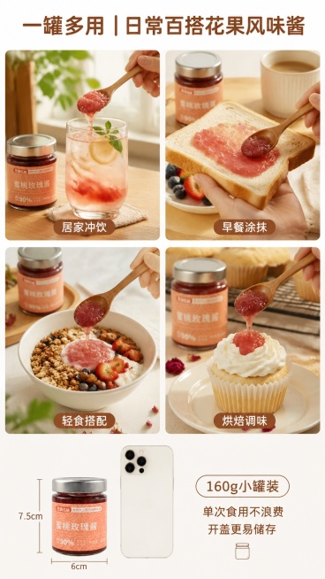 [第6屏] 本屏功能定义：多场景食用展示页，提升购买必要性。本屏使用【图1】作为产品主体，【图6】提供果酱质地参考。
[氛围/风格] 居家自然光，真实代入感，生活场景摄影质感。
[元素布局] 四宫格居预览效果