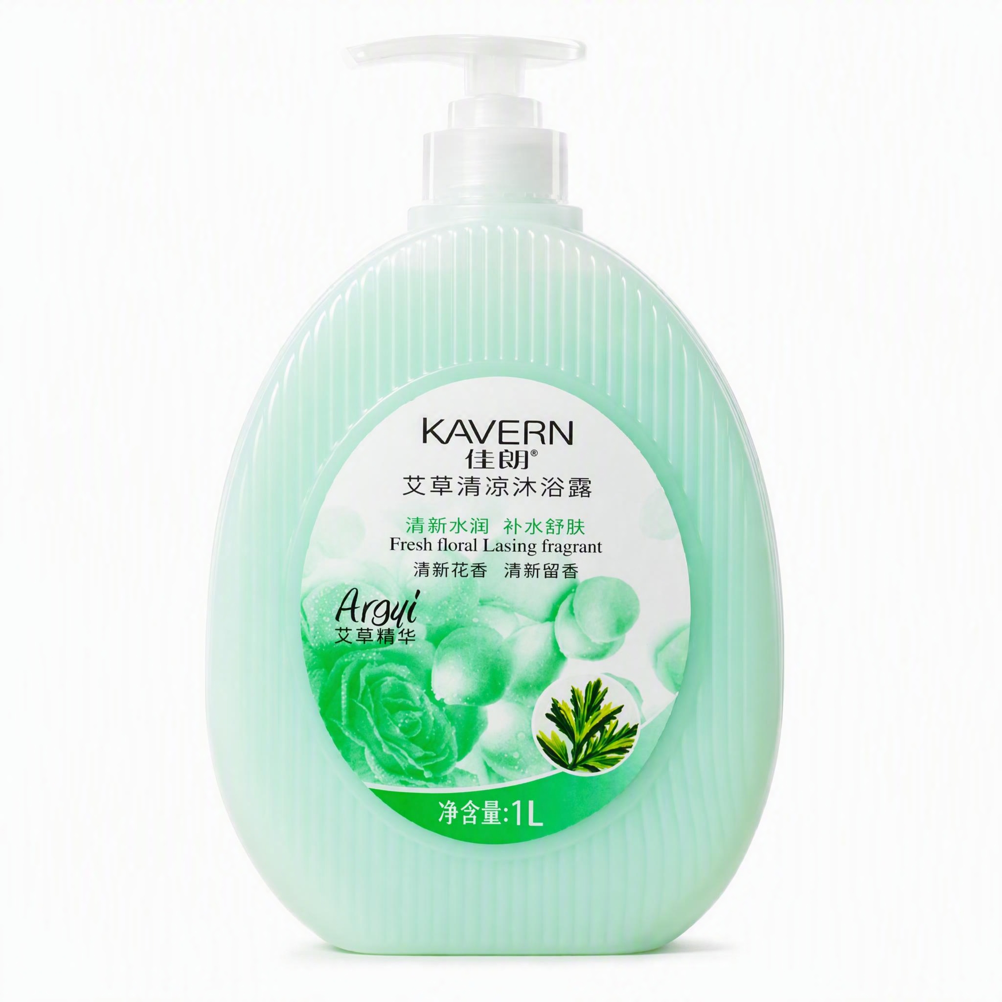 产品精修，绿色佳朗艾草清凉沐浴露，1L椭圆瓶装，白色按压泵头，… - 图片创意预览