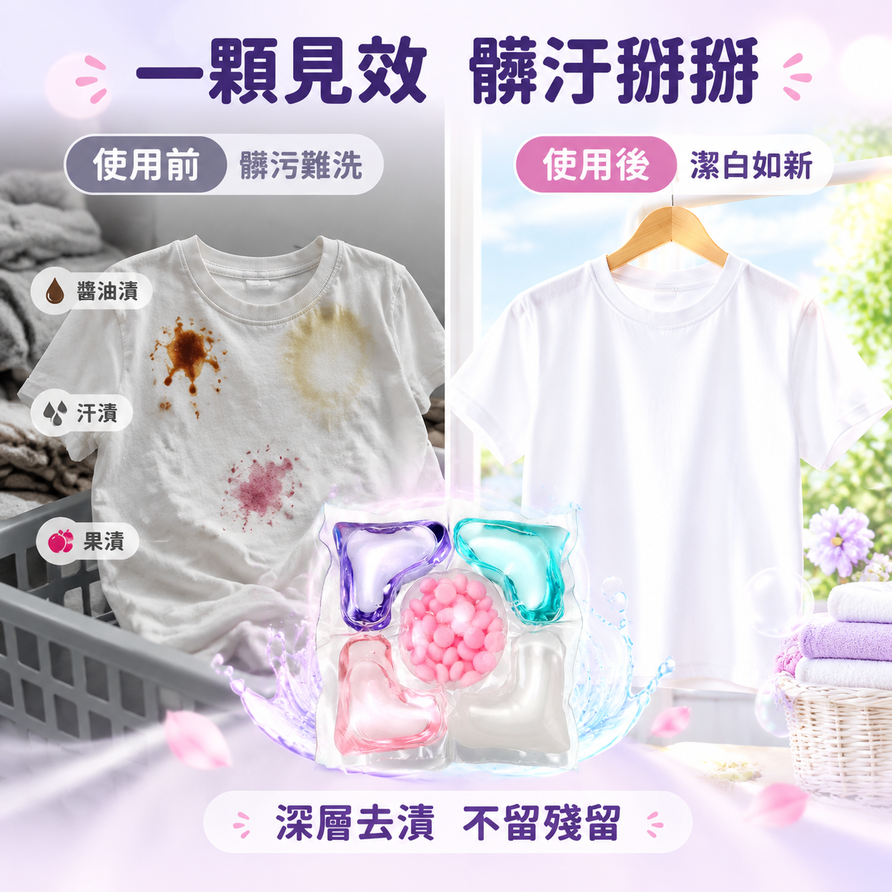 [主图-3] 五合一洗衣凝珠使用前后对比图，任务是直观展示使用… - 图片创意预览