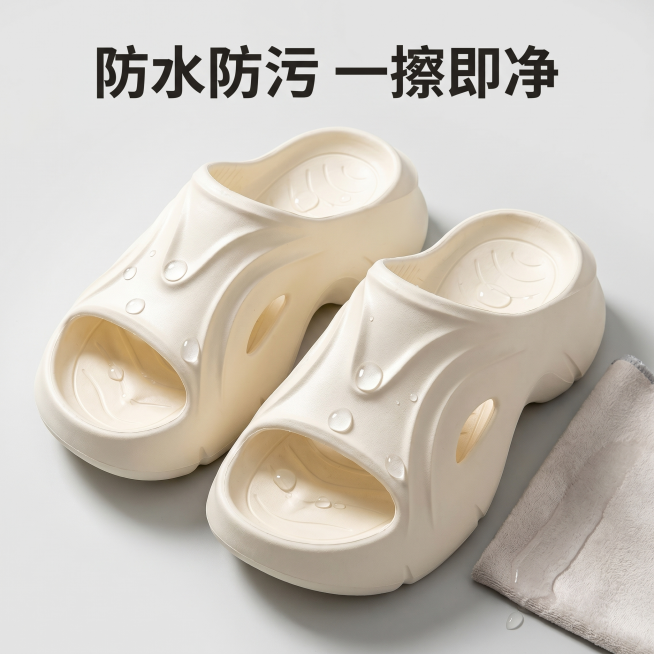 [主图 6] 米白色厚底拖鞋防污易清洁性能展示。氛围风格：真实测试展示，直观可信；画质：商业摄影质感、清晰真实、光线均匀；元素：水滴落在拖鞋表面，水珠滚落不沾水，展示防水防污特性，拖鞋旁边放一块抹布，预览效果