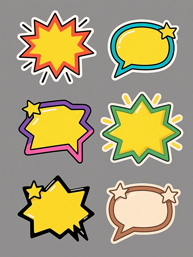 六个完全不同配色的黄色爆炸对话框卡通插画系列素材集合，每个对话框都保持相同的线条粗细、尖锐边缘、星形装饰和速度线元素，采用纯色背景，色彩搭配分别为红色配橙色、蓝色配青色、绿色配黄绿色、紫色配粉色、黑色配灰色、棕色配米色，整体风格为平面卡通设计，线条清晰，无渐变效果，六个元素规整排布成两行三列的网格布局