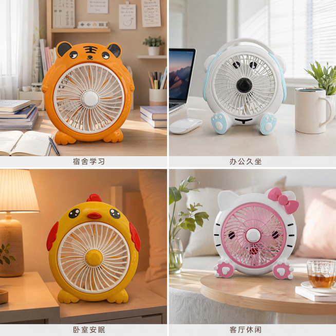 [主图-4] 9寸卡通小风扇多场景使用展示图
[氛围风格] 生活化多场景拼接，真实代入感
[画质] 商业摄影质感、光线柔和通透、产品清晰真实、画面干净高级
[元素] 四宫格展示风扇在不同场景使用：左上预览效果