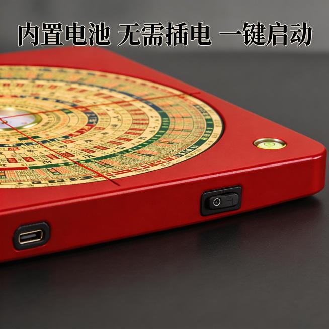 [主图主题] 内置电池充电接口展示
[氛围/风格] 中式简约，突出产品设计
[画面元素] 特写展示激光罗盘侧面充电接口、开关按钮和水平仪，保持产品红色外观，细节清晰，突出内置电池无需插电的卖点
[配色预览效果