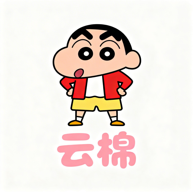 童装品牌logo设计，主体是卡通人物蜡笔小新，包含品牌名称"云棉"，风格可爱童趣，适合儿童品牌，简洁清晰，适合作为logo使用预览效果