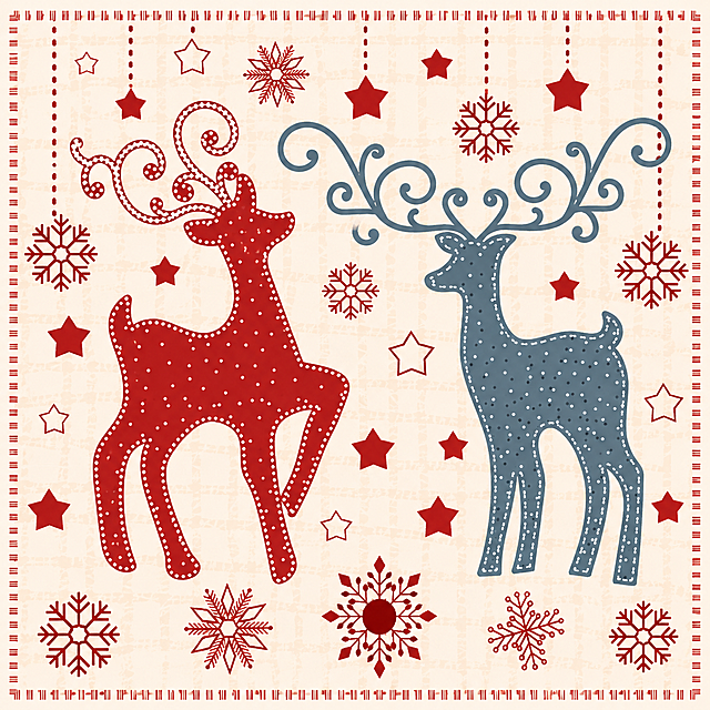christmas artwork featuring two dotted reindeer. the left reindeer is red, facing right, with swirling antlers. the right reindeer is blue gray, facing right, with ornate antlers. both are surrounded by various red and white snowflakes and stars. the background is a pale beige with a light grid pattern. a dashed border with small vertical lines is present around the perimeter of the image.