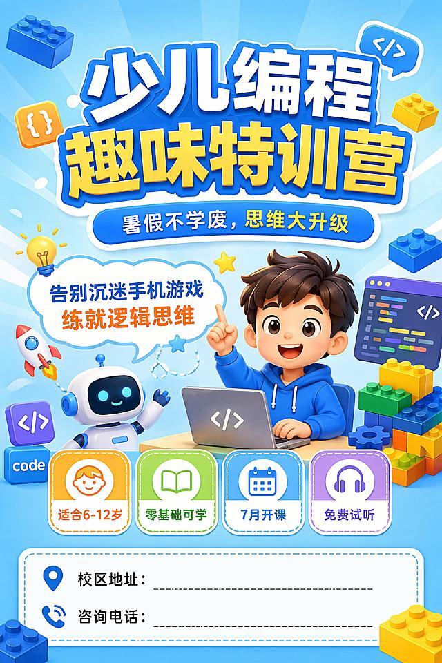 少儿编程暑假班线下宣传单页正面，风格活泼明亮，适合少儿教育，设计专业清晰，信息层级分明。主标题是"少儿编程趣味特训营"，副标题是"暑假不学废，思维大升级"，装饰文案"告别沉迷手机游戏 练就逻辑思维"，卖点标签："适合6-12岁" "零基础可学" "7月开课" "免费试听"，底部预留校区地址和咨询电话位置，整体画面安全边距充足，文字清晰可读，适合打印。背景使用明亮浅蓝色搭配趣味编程积木元素，营造科技学习氛围，版式精美，信息分区清晰。