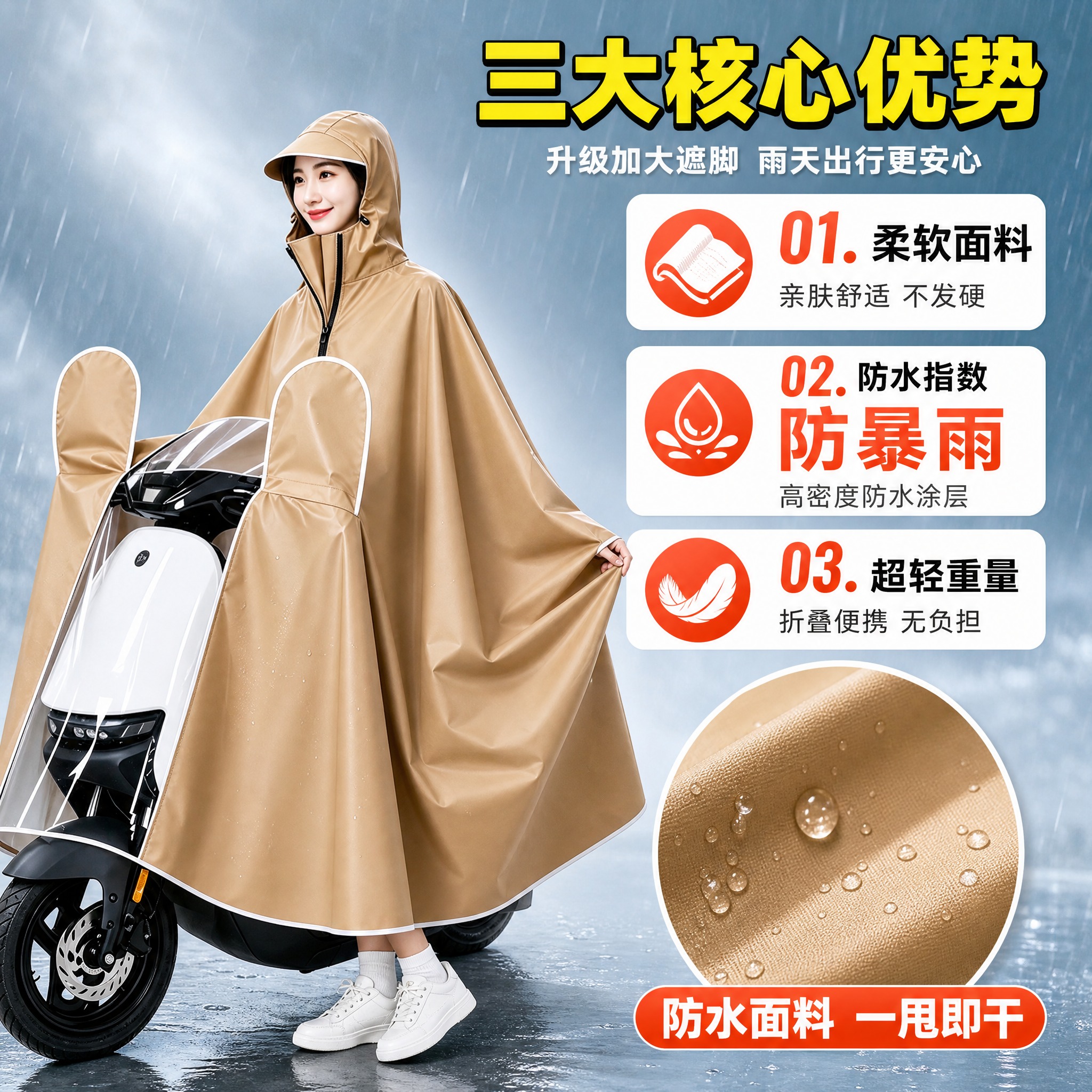 [主图-2] 电动车雨衣（卡其色加大遮脚款）功能参数展示图，拼… - 图片创意预览