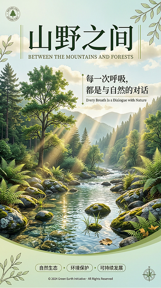 简约绿色山林自然海报，清澈溪流环绕青山，阳光穿过树叶缝隙，清新绿色调，干净柔和构图，自然环保氛围，高清质感