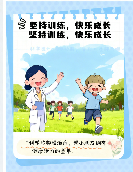 参考上传的浅蓝色波点背景、卡通笔记本纸张版式的科普海报风格，制作儿童物理治疗科普系列第十页：标题为「坚持训练，快乐成长」，画面展示康复后的小男孩和治疗师开心挥手，小男孩在草地上和小朋友们一起奔跑玩耍，预览效果