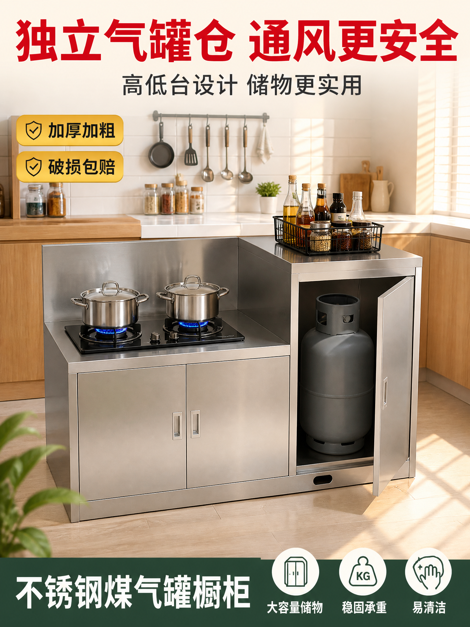 [商品] 使用用户产品图不锈钢煤气罐橱柜；保留高低台三柜门结构… - 图片创意预览