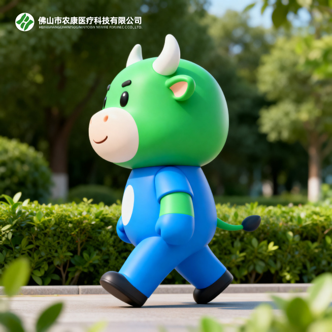 佛山市怡康医疗科技有限公司3D吉祥物，主体是拟人化的牛，展示侧面角度，步行前进动作，主要颜色为绿色和蓝色，设计风格现代简约，充满健康科技感，适合医疗行业品牌，整体造型圆润友好预览效果