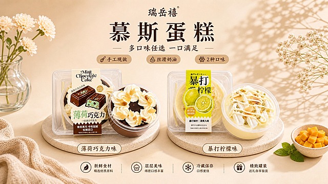 参考图3的整体版式骨架、暖调奶油氛围和光影风格，制作一张瑞岳禧慕斯蛋糕多口味选品海报，横版PPT尺寸。画面顶部居中为品牌名"瑞岳禧"，下方大主标题"慕斯蛋糕"，副标题"多口味任选 一口满足"，再下方三个圆角胶囊卖点标签："手工现做"、"丝滑奶油"、"2种口味"。画面中部横向并排陈列两款慕斯蛋糕产品，左侧为图1的薄荷巧克力慕斯蛋糕（透明方盒+圆形杯装，深棕巧克力色奶油配白色裱花和杏仁片，包装标签为薄荷巧克力款），右侧为图2的暴打柠檬慕斯蛋糕（透明方盒+圆形杯装，浅黄柠檬色奶油配白色裱花和开心果碎，包装标签为暴打柠檬款），两款产品下方各有一个椭圆形小标签，分别写"薄荷巧克力味"和"暴打柠檬味"。产品放置在浅米色石质圆垫上，左右对称。背景为暖米色渐变，左侧有透明玻璃花瓶插着白色花朵，右侧有白色小花枝和树影光斑，左下角有米色针织布料，右下角有一小碗芒果丁和薄荷叶点缀。画面底部四个图标+文字信息："新鲜食材 精选优质原料"、"层层美味 绵密口感丰富"、"冷藏保存 口感更佳"、"精致罐装 送礼自享皆宜"。整体风格温暖治愈、高级甜品商业摄影感，柔和侧前方自然光，柔和阴影，画面干净通透，版式精美，文字清晰可读。两款蛋糕产品100%还原上传图1和图2的产品外形、包装、标签文字、颜色和材质，与原图保持一致。画面中所有信息区域必须填充完整合理的内容，不得出现空白框或占位。