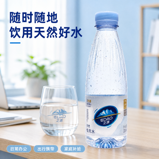 [主图-4] 多场景适用展示，突出天然好水适配多种场景
[氛围风格] 生活化自然氛围感，干净清爽
[画质] 商业摄影质感、光线柔和通透、产品清晰真实、画面干净高级
[元素] 低DAO之源矿泉水瓶放置在预览效果