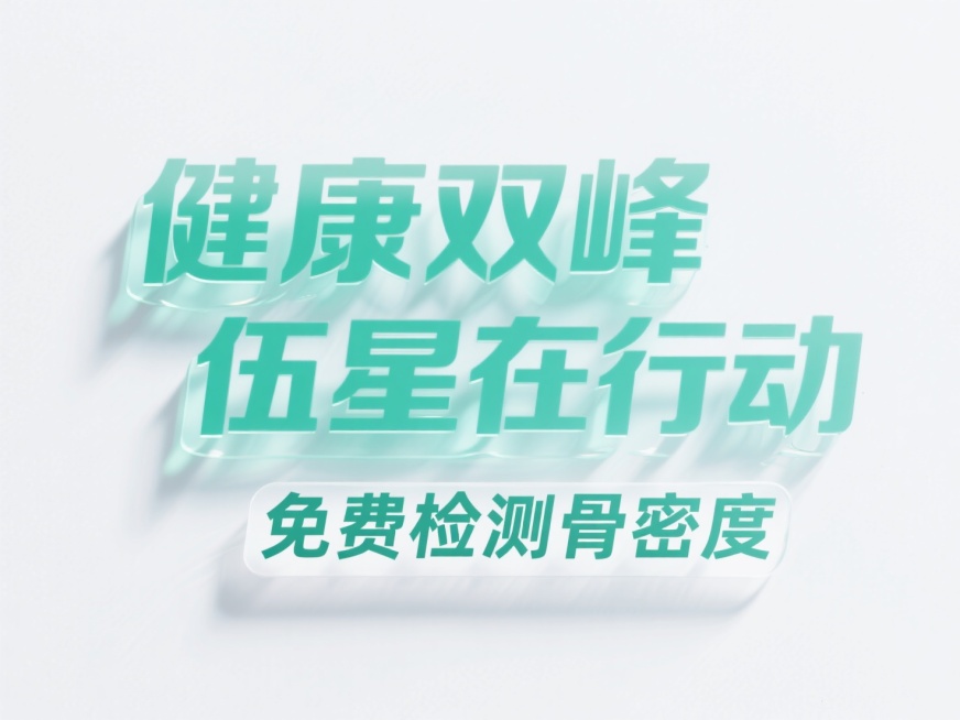 主标题“健康双峰  伍星在行动"，副标题"免费检测骨密度"，淡绿色毛玻璃凸起效果  白色背景预览效果