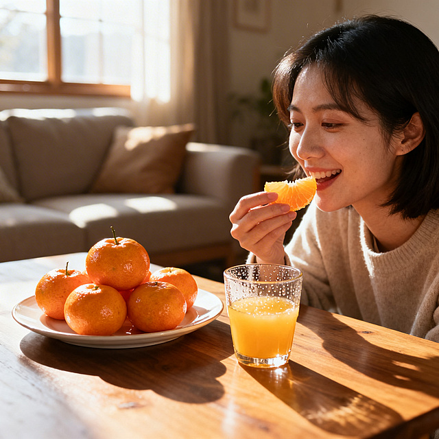广西沃柑场景展示图，温馨的客厅场景，阳光透过窗户洒在木质餐桌上，盘子里摆放着新鲜的广西沃柑，旁边放着一杯刚榨的沃柑果汁，一位女士正拿起一瓣沃柑准备品尝，脸上带着满足的微笑，整体氛围温暖治愈，突出沃柑带来的美好生活感