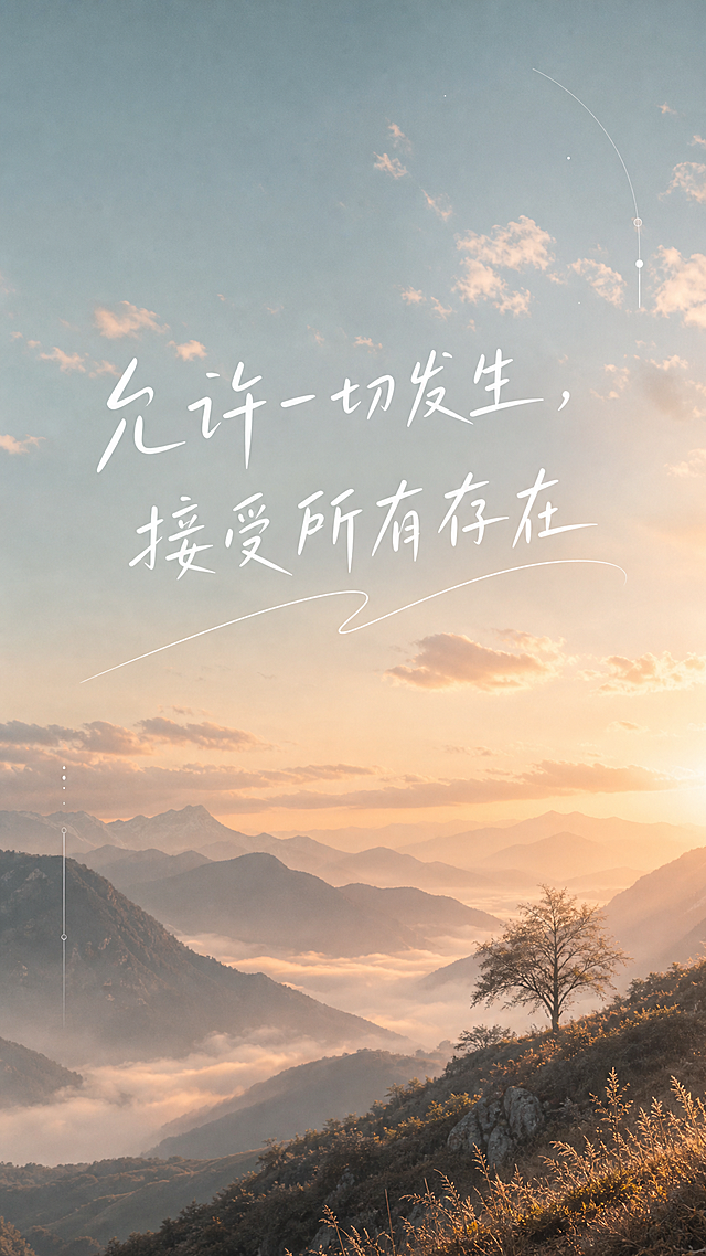 模仿参考图的治愈文案风景海报风格，生成9:16竖版海报，整体为清新治愈的暖调山间风景，文案更换为“允许一切发生，接受所有存在”，排版精致，带有差异化创意设计，参考图的风格调性保留，柔和的自然风景，白色手写字体文案