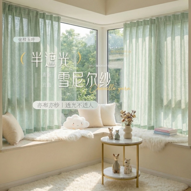 不改变窗帘的面料材质，切换不同的家装场景（最好是少女风奶油风），改变角度，保留文字，一次生成4张；预览效果