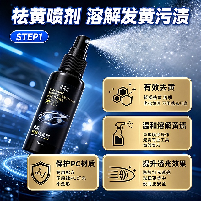 汽车养护详情图，浅蓝色科技感背景，画面中心是100ml黑色喷雾瓶大灯祛黄增亮剂斜向摆放，喷头朝向右上方，喷出大量白色喷雾水汽，水汽中飘散着闪光粒子和光点，喷雾效果真实有层次。左上角有蓝色圆角标签标注STEP1。

文字内容与位置：
1. 画面顶部大标题白色字体带蓝色描边：祛黄喷剂 溶解发黄污渍
2. 左上角蓝色圆角标签内白色字：STEP1
3. 画面右侧和下方分布4个金色圆角信息框，每个框内有图标和文字说明，采用Bento盒式布局：
   - 右上框标题：有效去黄，副标题：轻松祛黄 溶解老化黄渍 不用抛光打磨
   - 右中框标题：温和溶解黄渍，副标题：直接喷涂操作 无需专业工具 省时省力
   - 左下框标题：保护PC材质，副标题：专用配方 不腐蚀PC灯壳不变形
   - 右下框标题：提升透光效果，副标题：恢复灯光透亮 光线更集中夜间更安全

风格：商业产品摄影，流体喷雾特效逼真，星光粒子点缀，冷蓝色光影氛围，8K高清，汽车养护详情图风格，信息框设计精致有质感，产品主体突出。

禁止：多余杂物，水印，平台logo，文字模糊，产品变形，喷雾效果不真实