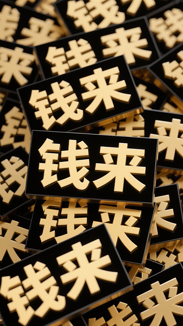 黑色背景上，大量 “钱来” 文字以金色立体字粗体（带黑色外框）重复密集，重复交叠，交错叠放