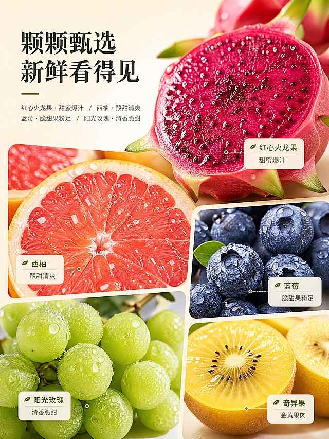 [商品] 使用【图1】中的鲜果元素；重点展示：红心火龙果切面（红心果肉饱满带黑芝麻籽）、西柚切面（粉红果肉晶莹）、蓝莓（带白霜果粉）、阳光玫瑰葡萄（翠绿饱满带水珠）、奇异果切面（金黄果肉）；每款水果新鲜水润，表面带自然水珠。
[画面] 目标：鲜果品质特写页，展现新鲜度与口感质地。多格微距拼贴版式，画面由4-5个鲜果特写方块错落排列，形成丰富的视觉层次；每个特写方块占画面20%-30%，整体水果特写占画面70%以上，营造饱满食欲感；背景为浅米白柔和渐变。
[视觉] 套系策略：风格=高端生鲜商业摄影风，清新自然精致；标题字=现代简约宋体粗体，优雅大气；正文字=简洁无衬线体；主色=暖米杏+橄榄绿；背景延展=基于暖米杏做深浅渐变、同色系柔和过渡，搭配细腻纸质质感；强调色=深橄榄绿，仅用于小面积图标、引线和标签点缀；标题色=深棕绿；正文色=中暖灰；组件=圆角浅底信息卡、细线引线；光影=侧前柔和自然光，水果表面水珠晶莹，果肉纹理清晰可见。
[文字] 左上角主标题「颗颗甄选 新鲜看得见」，配短句口感描述：红心火龙果·甜蜜爆汁 / 西柚·酸甜清爽 / 蓝莓·脆甜果粉足 / 阳光玫瑰·清香脆甜；文字用小标签形式贴于各特写旁，不遮挡果肉主体。
[规格] 宽750px，高1000px（3:4），分辨率4K，负向提示：避免节日元素、极限词、文字模糊、水果失真、冷蓝色调、水印、二维码、竖排文字