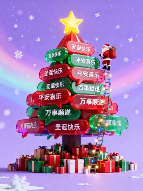 红绿亚克力材质对话框堆积而成的圣诞树攀岩，对话框里是祝福语（圣诞快乐，平安喜乐，万事顺遂），圣诞树顶部是黄色发光的五角星，底下是堆积丰富的礼盒。圣诞老人背着礼物拉着 彩灯向上攀岩。背景是梦幻紫焦柔的光预览效果