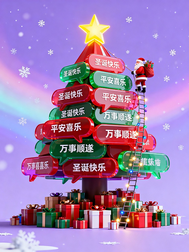 软3D风格圣诞树由对话气泡堆叠而成，融合玻璃与塑料质感，色彩鲜艳，搭配卡通圣诞老人与礼物，营造梦幻喜庆的节日氛围。