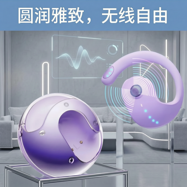 将图片上方英文“Round Elegance, Wireless Freedom”替换为中文“圆润雅致，无线自由”，保持字体、排版和白色颜色不变，其他画面内容完全保留预览效果