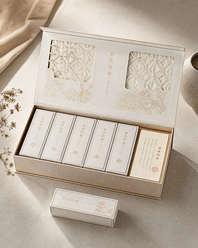 高端中式包装设计效果图，方案四【霜菊淡香】。画面展示一个打开的书型翻盖大盒（20*7*5.5cm）和旁边一个独立小盒（10*5*2cm），大盒内整齐排列5个小盒和1张折叠卡片，结构参考图中包装盒样式。主色调为月白色/乳白色，搭配浅卡其色/檀木色细边框。大盒封面上半部有花窗式镂空暗纹，细线描金的菊花与秋叶图案。"李氏珍香"字体为细黑体，烫极细拉丝金色。大盒封面采用双层模切效果，外层镂空显现内层菊花暗纹。小盒大留白加细金线。内部卡片用奶黄色特种纸，竖排暗红文字，右下角压印小圆朱印章。整体风格成熟稳重不失雅致，大留白，微凸工艺，细线描金，东方韵味，产品摄影级画质，柔和自然光
