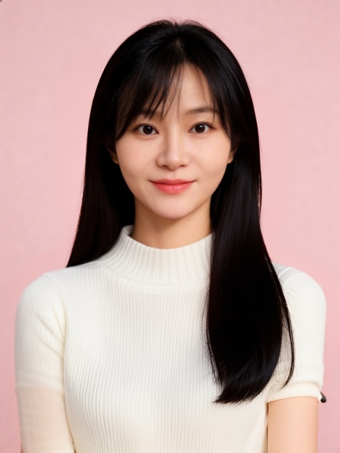 黑长直发，穿着白色长袖羊毛衫，非常优雅预览效果